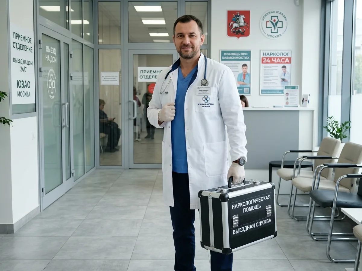 Врач-нарколог в белом халате с медицинским чемоданом, готовый к выезду на дом, профессиональная обстановка клиники ЮЗАО Москвы