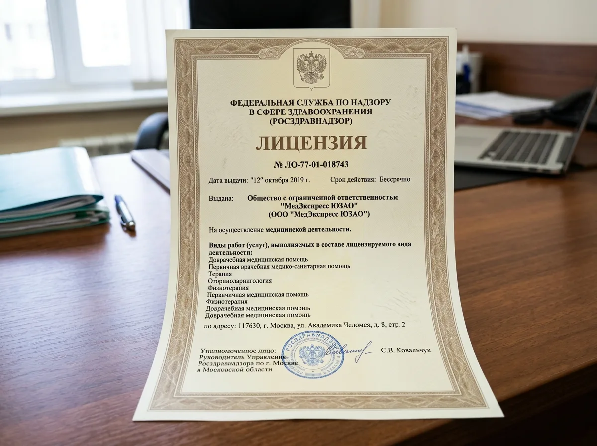 Лицензия Росздравнадзора ЛО-77-01-018743 на осуществление медицинской деятельности, выданная ООО МедЭкспресс ЮЗАО, официальный документ