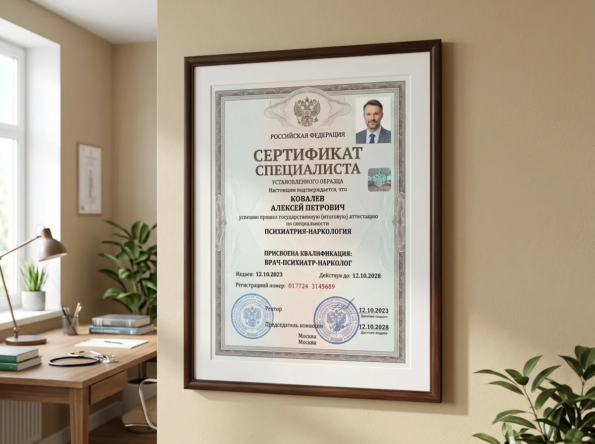 Сертификат специалиста нарколога-психиатра, подтверждение квалификации врача клиники, документ установленного образца